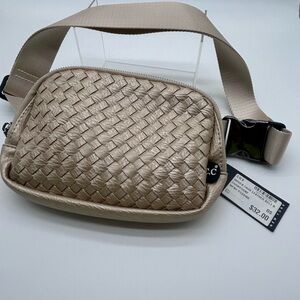 Woven Leather Crossbody Belt Bag - Beige